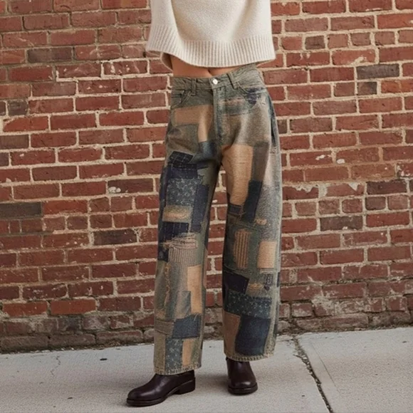 Free People Illusions Patchwork Printed Jeans Barrel Leg Relaxed Indigo 27 NWT - Picture 15 of 15